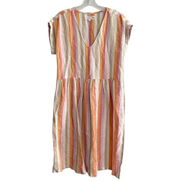 Lou & Grey for Loft Dress Women Size XS Linen Multicolor Striped Pockets Peasant - Picture 1 of 8
